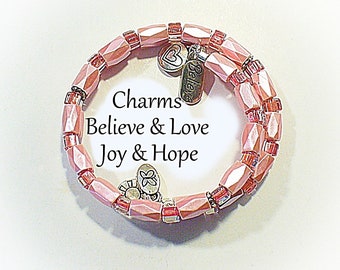 Pink Magnetic Cuff, Ladies Memory Wire  Bracelet, Affirmation Charms -  MB2013-01AA
