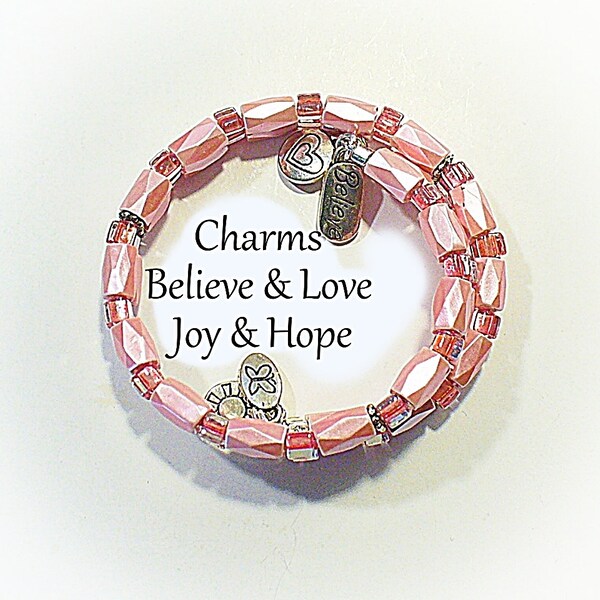 Pink Magnetic Cuff, Ladies Memory Wire  Bracelet, Affirmation Charms -  MB2013-01AA