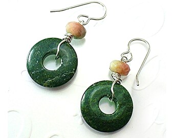 Green Serpentine Donut Earrings, 2nd Chakra Gemini Gift, Candy Jade Short Dangles, Minimalist Style