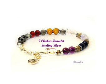 Seven Chakra Gemstone Bracelet, Sterling Silver Heart Charm & Clasp - Duos B2013-23A