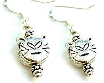 Sterling Silver Cat Face Earrings, Whimsical Kitten Jewelry, Kitty Dangles - E0808-01C