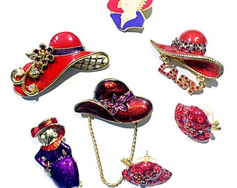Red Hat Society Jewelry Collection, Brooches, Red Spakling Earrings, Fancy Pins - V-38