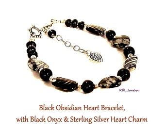 Black Obsidian Heart Bracelet, Black Onyx, Sterling Silver Heart Charm, Chakra Jewelry