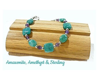 Amazonite Bracelet, Purple Amethyst Chakra Bracelet, Sterling Silver Clasp, Crystal Dangle