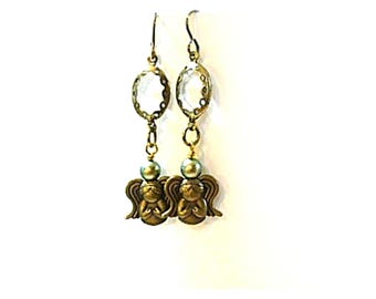 Angel Dangles Earrings, Praying Cherub, Green Crystal Pearls, Niobium Ear Wires - E2022-02