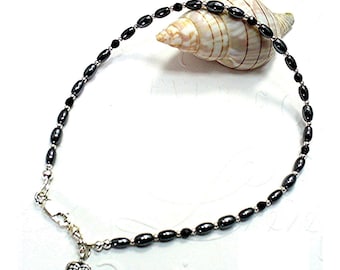 Black Hematite Ankle Bracelet: Sterling Silver Clasp, Root Chakra Anklet - AB2013-04M