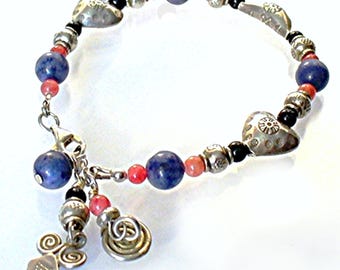 Blue Sodalite Southwestern Bracelet, Hill Tribe Silver Hearts, Sagittarius Gift - B0911-19
