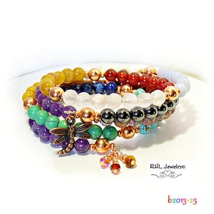 Seven Chakra Bracelet, Copper Dragonfly Charm, Memory Wire Stone Wrap - B2013-25