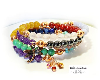 Seven Chakra Bracelet, Copper Dragonfly Charm, Memory Wire Stone Wrap - B2013-25