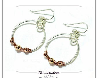 Mixed Metal Circle Drop Earrings, Silver & Copper Dangles, Handmade Hoops - E2018-08