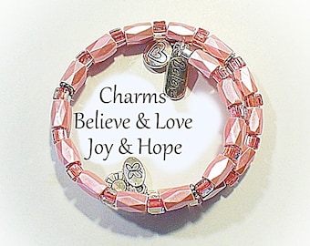 Pink Hematite Magnetic Bracelet, Beaded Cuff Wrap with Charms - MB2013-01AA