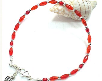 Ladies Red Ankle Bracelet, Thin Dressy Beaded Anklet, Silver Heart Charm  - AB2014-02