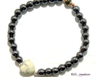 Black Hematite Stretch Bracelet, Crown Chakra Jewelry, White Howlite Heart Accent - B2012-03
