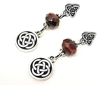Celtic Knot and Bronzite Earrings, Gaelic Sterling Silver Dangles, Brown Stone Jewelry - E0910-03