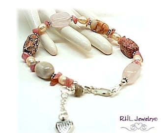 Rose Quartz Bracelet, Multl Stone Pearl Bracelet, Chakra Stone Bracelet, B0907-10