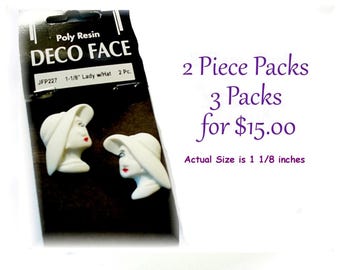 Woman Face Cabochon, Lady Face Flats, Small Feminine Resin Head & Hat, Lot of 3 Packs of 2, - S42