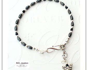 Black Hematite Skinny Bracelet, Root Chakra, Silver Butterfly Charm - B2021-05