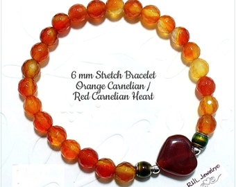 Orange Bracelet, Carnelian Stretch Bracelet, Second Chakra Bracelet. Fall Bracelet with Heart, Halloween Gift