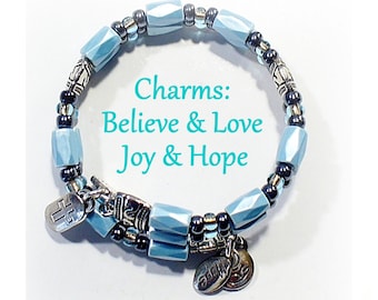 Ladies Aqua Blue Magnetic Bracelet | Beaded Memory Wire Believe Cuff | Two Strand  -  MB03A