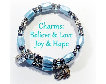 Aqua Magnetic Cuff, Ladies Memory Wire Two Strand Bracelet, Affirmation Charms -  MB03A