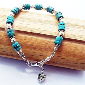 Turquoise and Silver Bracelet, Heishi Chakra Bracelet,