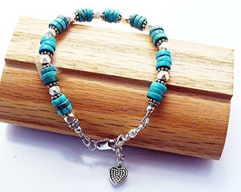 Turquoise and Silver Bracelet, Heishi Chakra Bracelet,