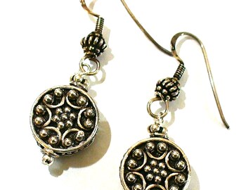 All Silver Earrings, Fancy Silver Earrings, Big Ornate Silver Ear Wires