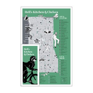 May include: A map of Hell's Kitchen and Chelsea, New York City, with illustrations of people and landmarks. The map includes the text "Hell's Kitchen & Chelsea" and "The New York Times."
