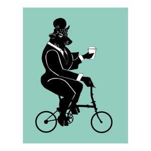 May include: Black and white illustration of a bull wearing a suit and riding a bicycle, holding a coffee cup. The bull has horns and a round object on its head. The background is a light teal color.