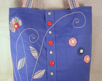 Upcycled,Tote Bag, Large, Blue, Embroidered, Appliqued, Yo-yos, Buttons, Original Design, Market Bag, Messanger Bag