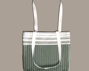 Handmade cotton lined grocery tote with matching embellished kitchen towels and aprons.