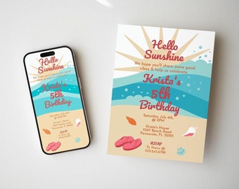 Hello Sunshine Surf Girl Birthday Invitation Set | Editable Template | Digital Download