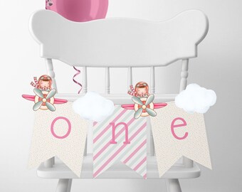 初飛行ハイチェアバナー | 女の子1歳の誕生日バナー | 編集可能なテンプレート | すぐにダウンロード