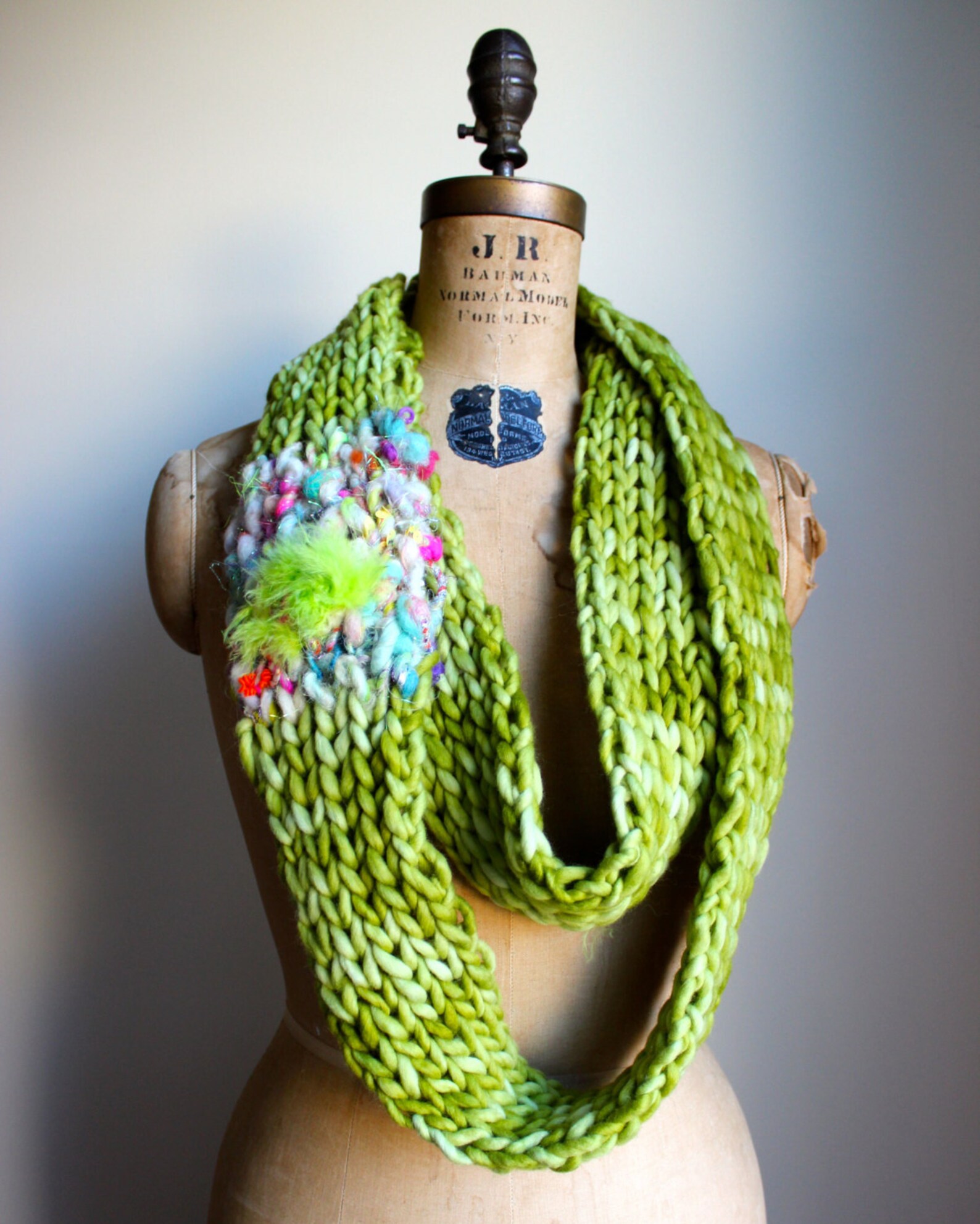 Bohemian knit loop infinity scarf. Chartreuse. Pink. Purple. Etsy