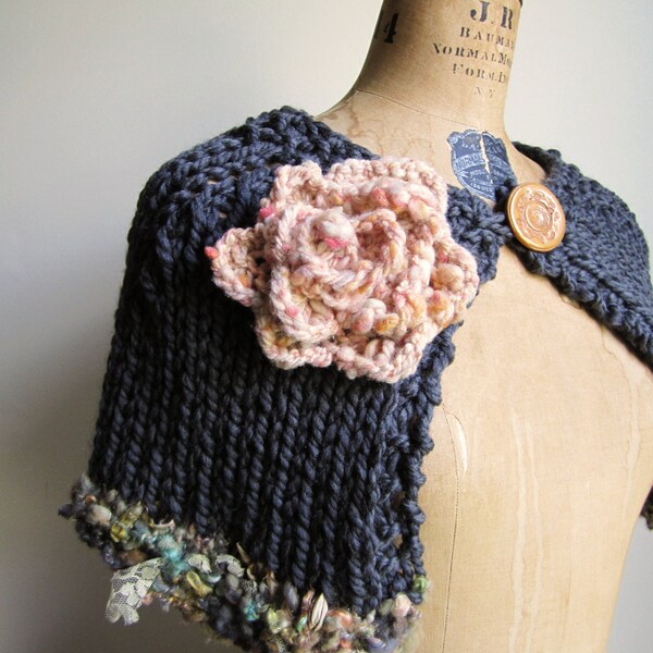 Knit capelet. Grey. Peach.  Wearable Art