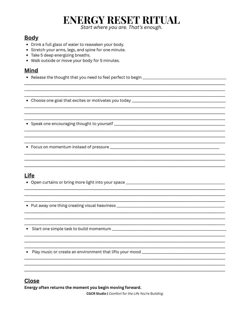 Savoring Rituals Worksheet Energy Reset Ritual Worksheet: Burnout Recovery, Motivation Planner ...