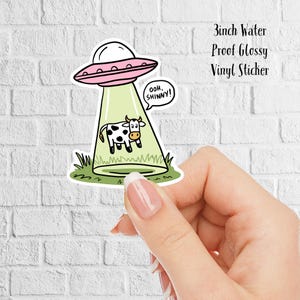 May include: A 3 inch water-proof glossy vinyl sticker featuring a cartoon cow being abducted by a pink UFO. The cow is black and white with a brown nose and is looking up at the UFO. The UFO has a pink underside and is emitting a green beam of light. The sticker also includes the text "Ooh, Shinny!" in a speech bubble.