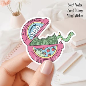 May include: A 3 inch pink and green vinyl sticker with a cartoon image of a partially opened container of bubble gum. The container has the text "Born in the 1900s" on it. The gum is partially unwrapped and there are strawberries and green balls inside the container.