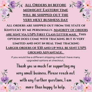 May include: A pink background with text about shipping policies and customer support. The text includes information about order processing times, shipping methods, and a thank you message to customers. Floral accents decorate the corners.