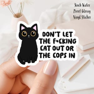 Puede incluir: Una pegatina de vinilo brillante impermeable de 7,6 cm con un gato negro de ojos grandes y el texto "DON'T LET THE F*CKING CAT OUT OR THE COPS IN".