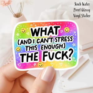 Puede incluir: Una pegatina de vinilo brillante e impermeable de 7,6 cm con un fondo de arcoíris. La pegatina presenta el texto "WHAT (AND I CAN'T STRESS THIS ENOUGH) THE FUCK?" en letras negras en negrita, junto con emoticonos sonrientes y estrellas.