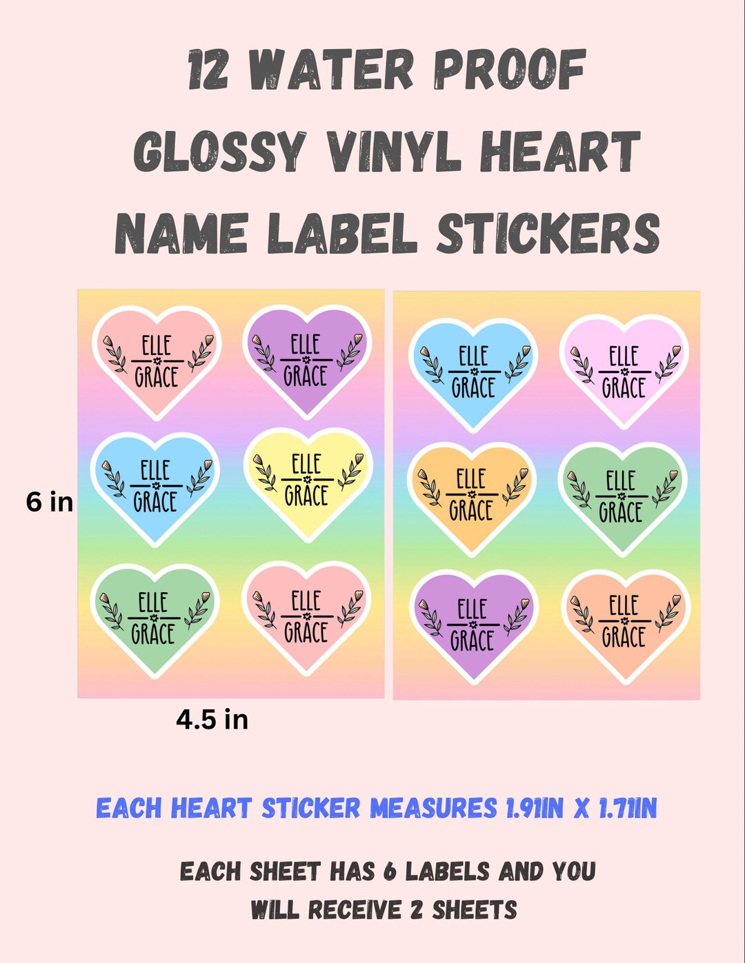 12 Personalized Pastel Heart Name Labels Great for Kids Water Proof ...