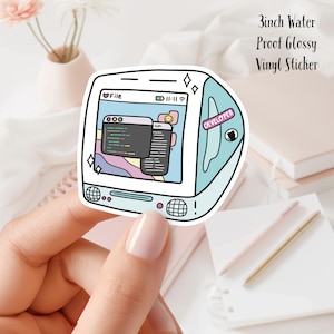 May include: A 3 inch water-proof glossy vinyl sticker featuring a cartoon illustration of a retro computer with a code window and the word "DEVELOPER" on a pink sticker.