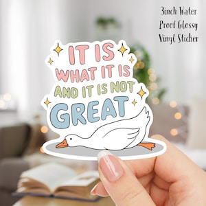 May include: A 3 inch water-proof glossy vinyl sticker with a white goose laying down and the text "IT IS WHAT IT IS AND IT IS NOT GREAT" in pastel colors.