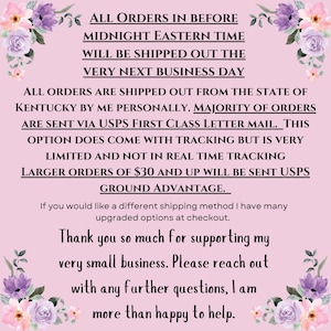 May include: A pink background with text about order processing and shipping details. The text includes information about shipping times, methods, and tracking. Floral decorations are in the corners.