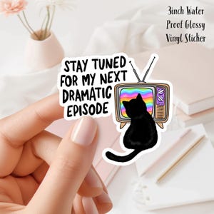 May include: A 3 inch water-proof glossy vinyl sticker featuring a black cat watching a rainbow screen on a vintage television. The text on the sticker reads "Stay tuned for my next dramatic episode."