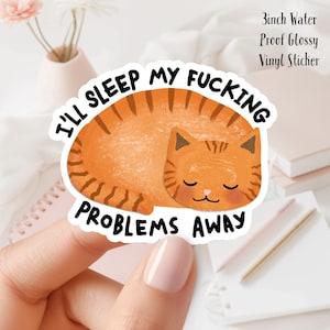 Orange Cat Waterproof Vinyl Sticker: I'll Sleep My Problems Away