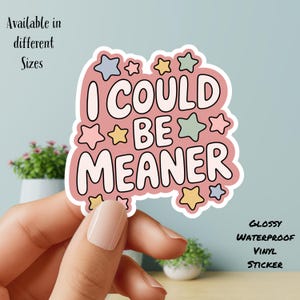 May include: A pink sticker with the text "I COULD BE MEANER" in a playful font, surrounded by colorful star shapes. The sticker is glossy and waterproof, with additional text indicating it's available in different sizes.