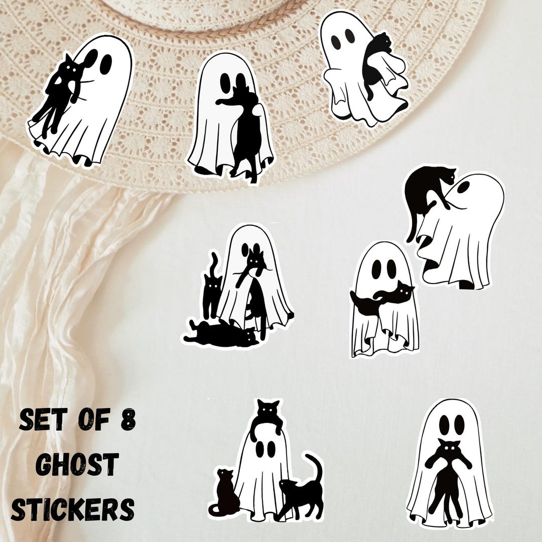 8 Spooky Ghost With Black Cat Water Proof Glossy Vinyl Sticker Set. - Etsy