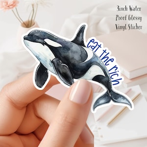 May include: A 3 inch water-proof glossy vinyl sticker featuring a watercolor illustration of an orca with the text "eat the rich" in blue.